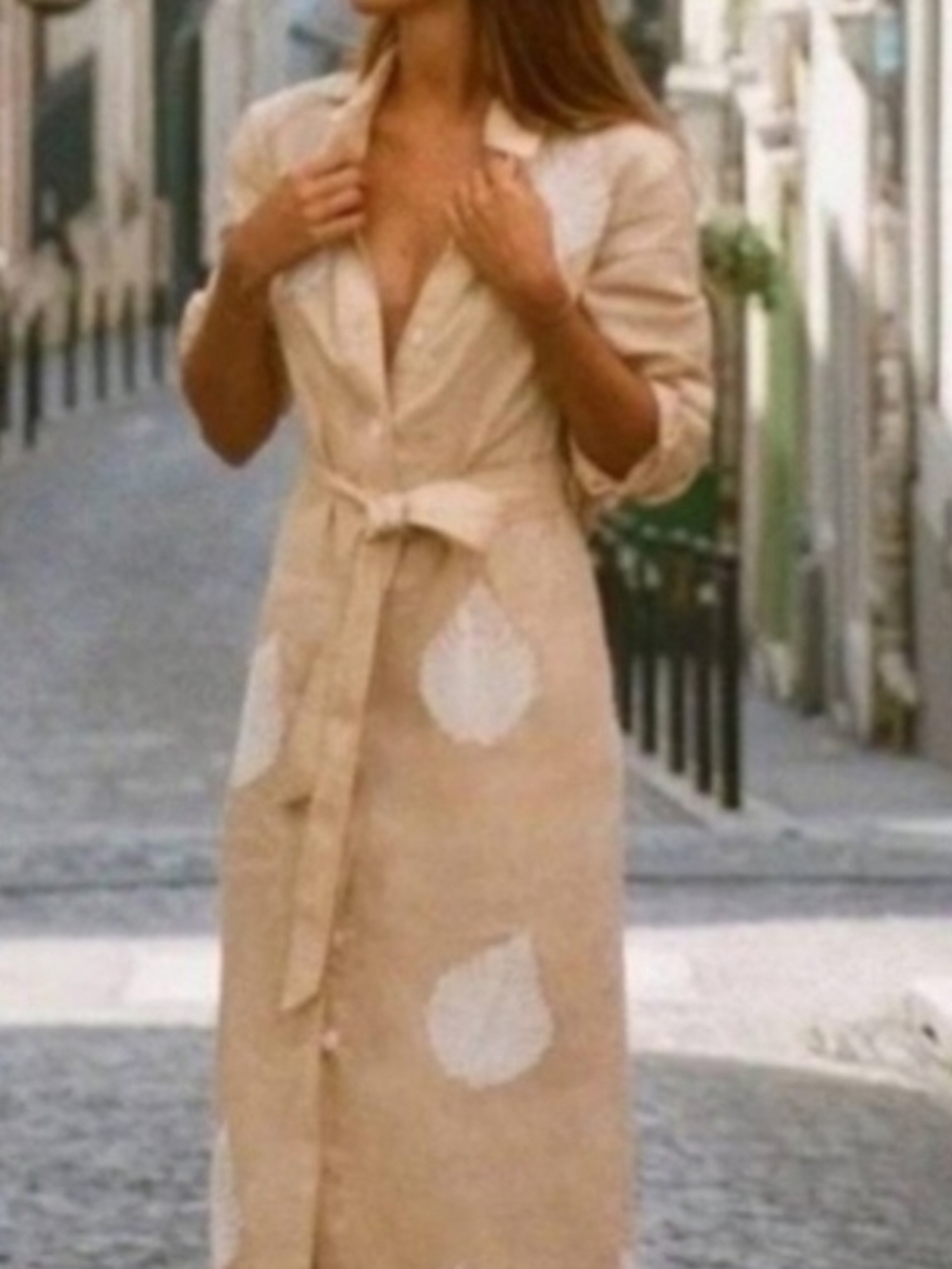 Zara beige linen Palm leaf beaded Buttonup  shirt dress.